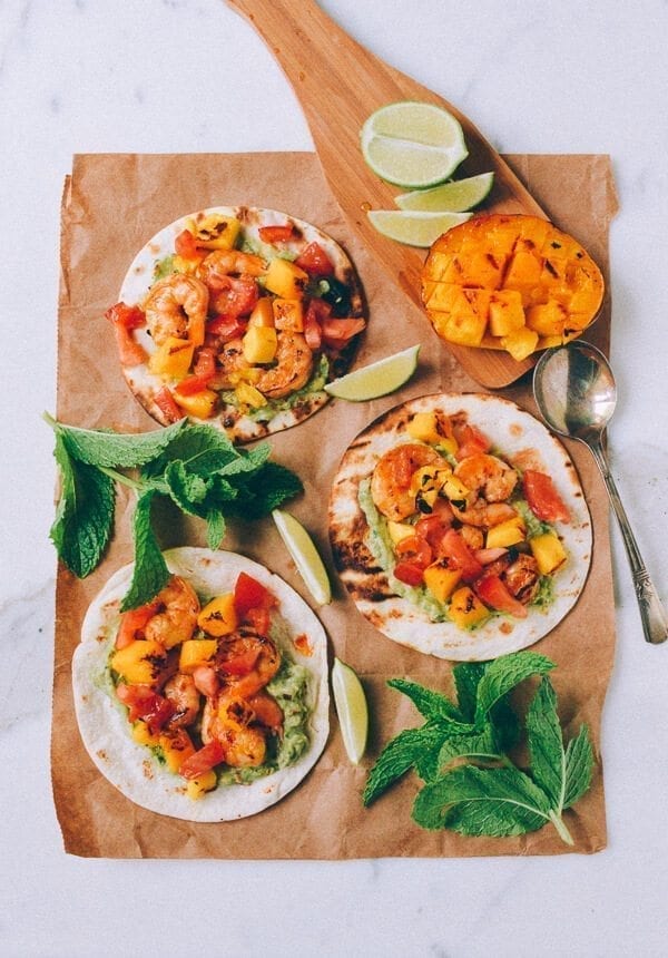 Shrimp Tacos w/ Grilled Mango & Mint Guacamole