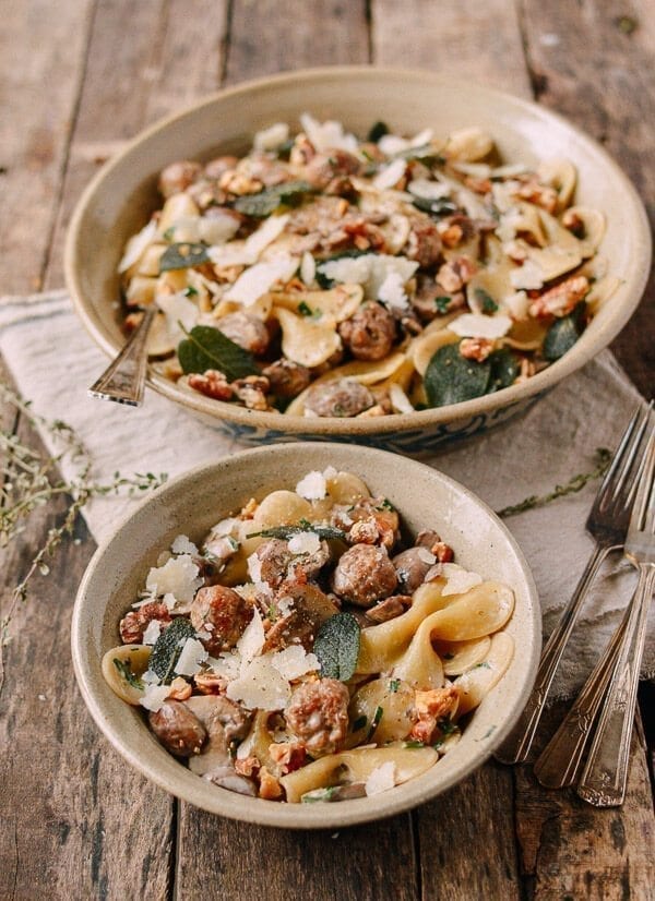 Winter Pasta with Mushrooms, Sausage Meatballs, Walnuts & Crispy Sage