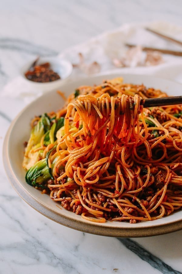 Spicy Crispy Pork Noodles (Made with Spaghetti!)