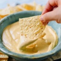 Dipping tortilla chip into plain vegan queso, cwww5.fioekdjsdas.cf