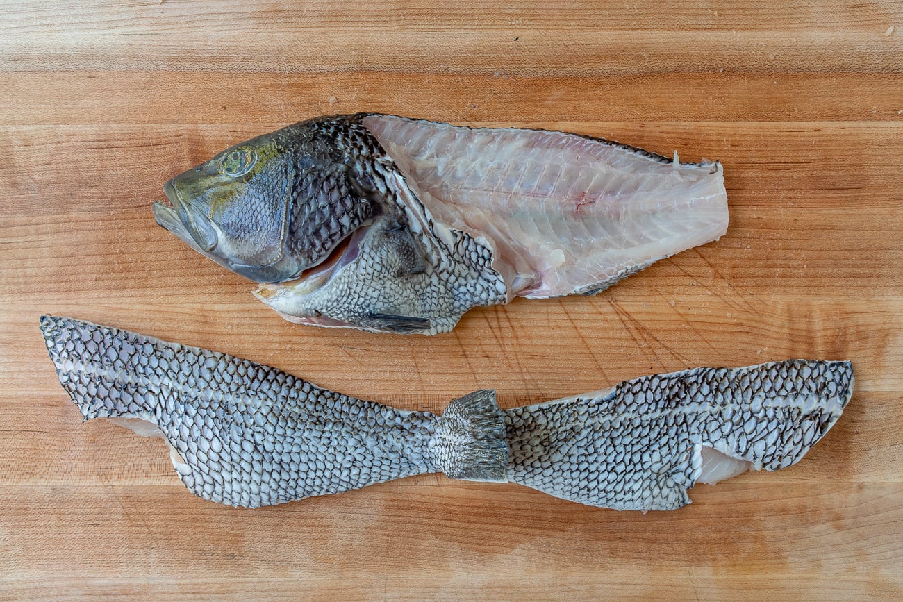 Two fish fillets attached at the tail