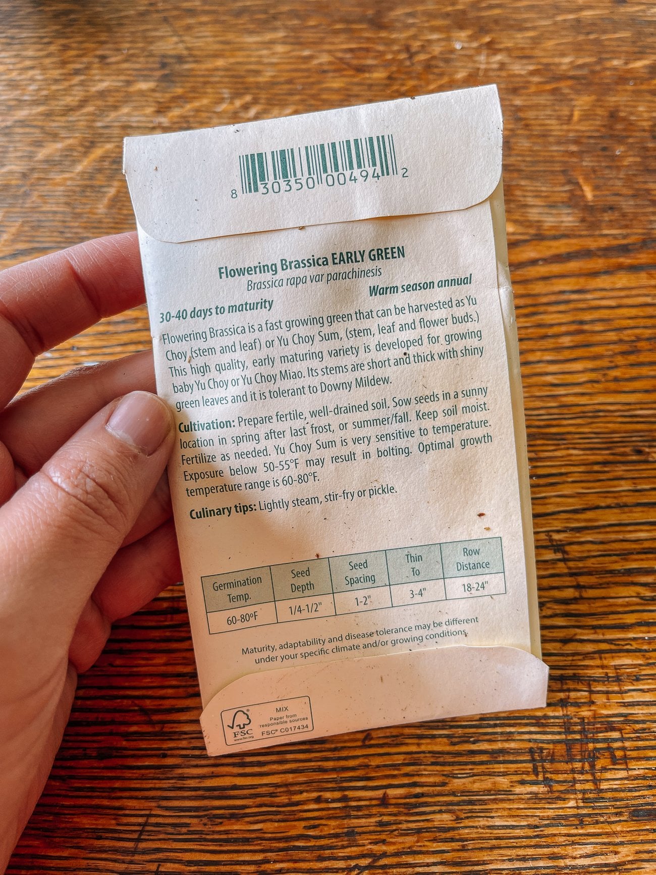 back of choy sum seed packet