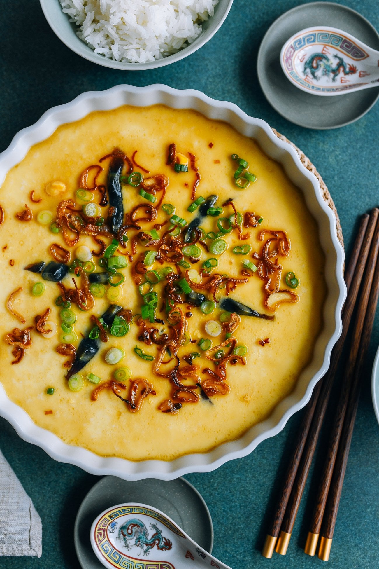 Chinese Three Color Steamed Eggs with shallot, scallion, and sauce