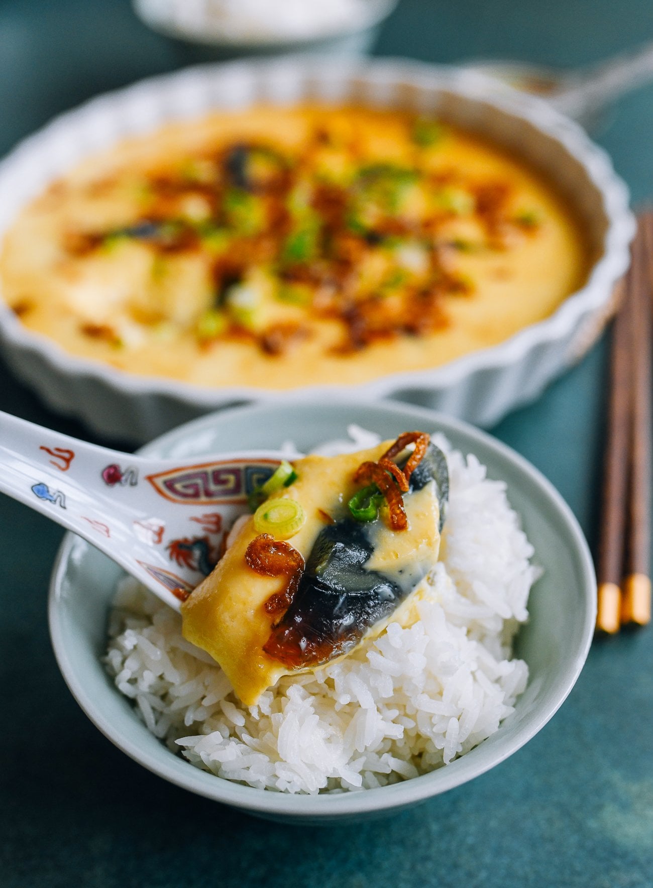 Steamed Three Colored Eggs Over Rice