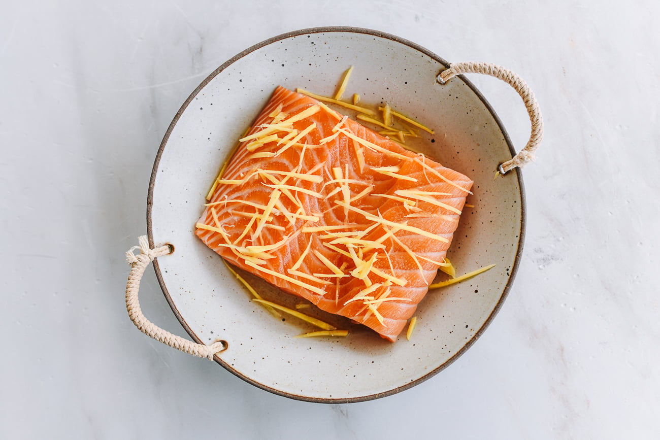 julienned ginger on salmon