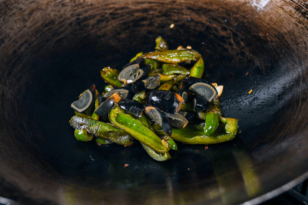 adding century eggs to peppers