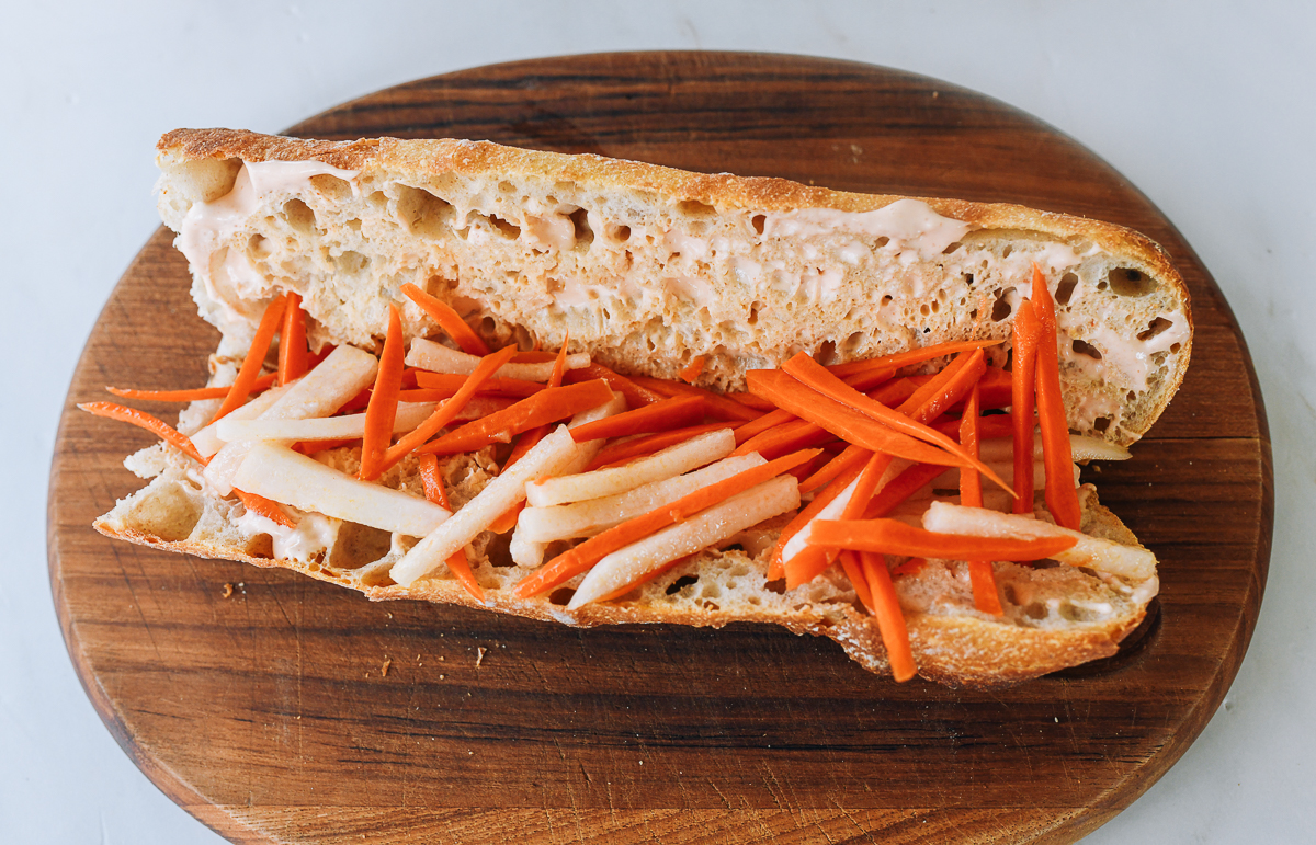 carrot daikon salad on baguette