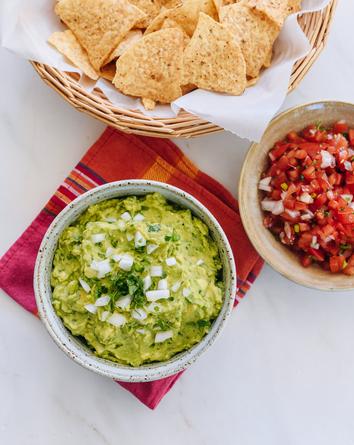 guacamole, pico de gallo, and tortilla chips