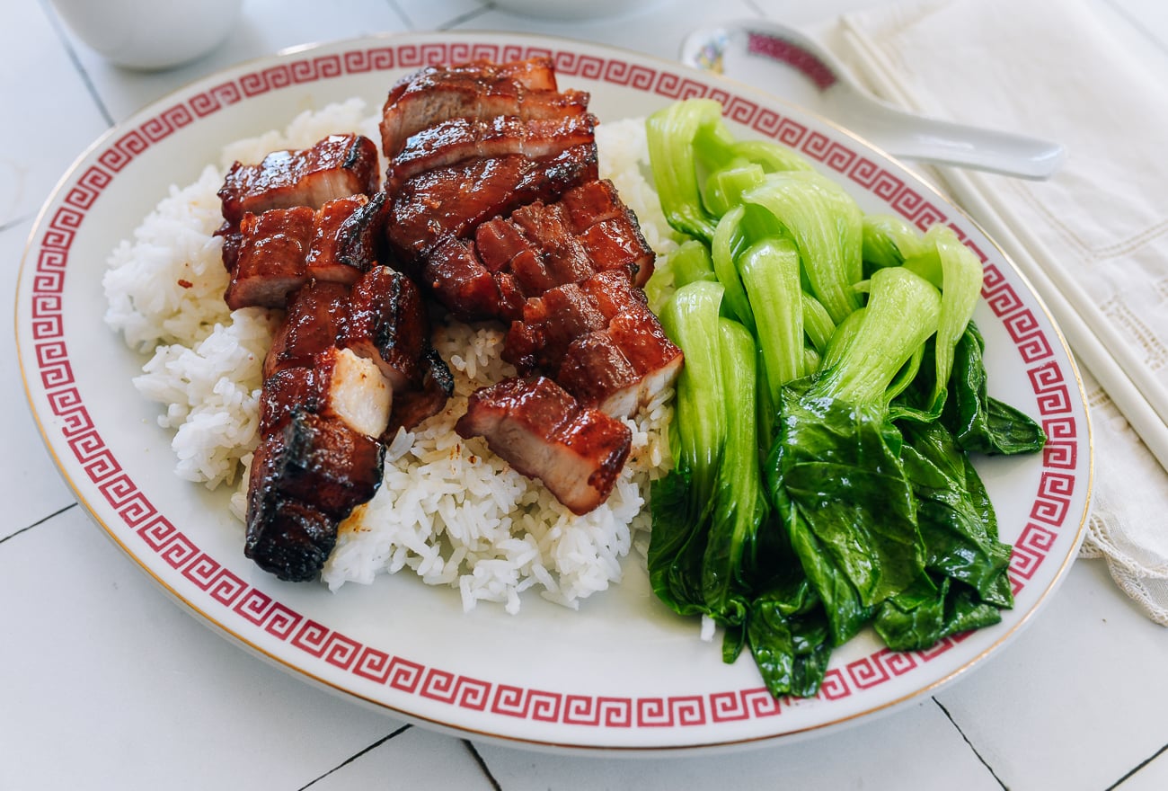 Char Siu Pork Belly on plate with steamed rice and blanched bok choy