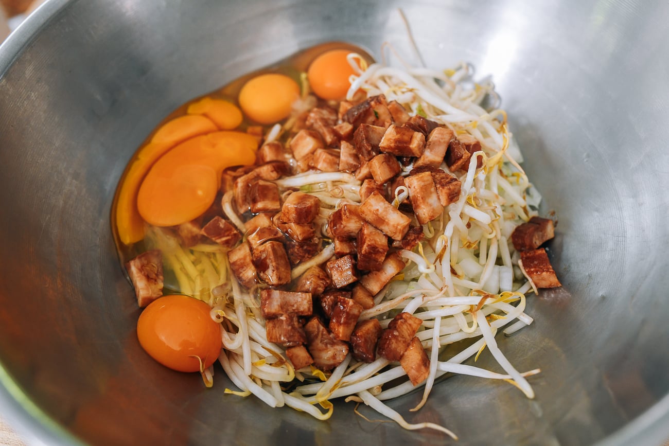 egg foo young batter ingredients in metal bowl